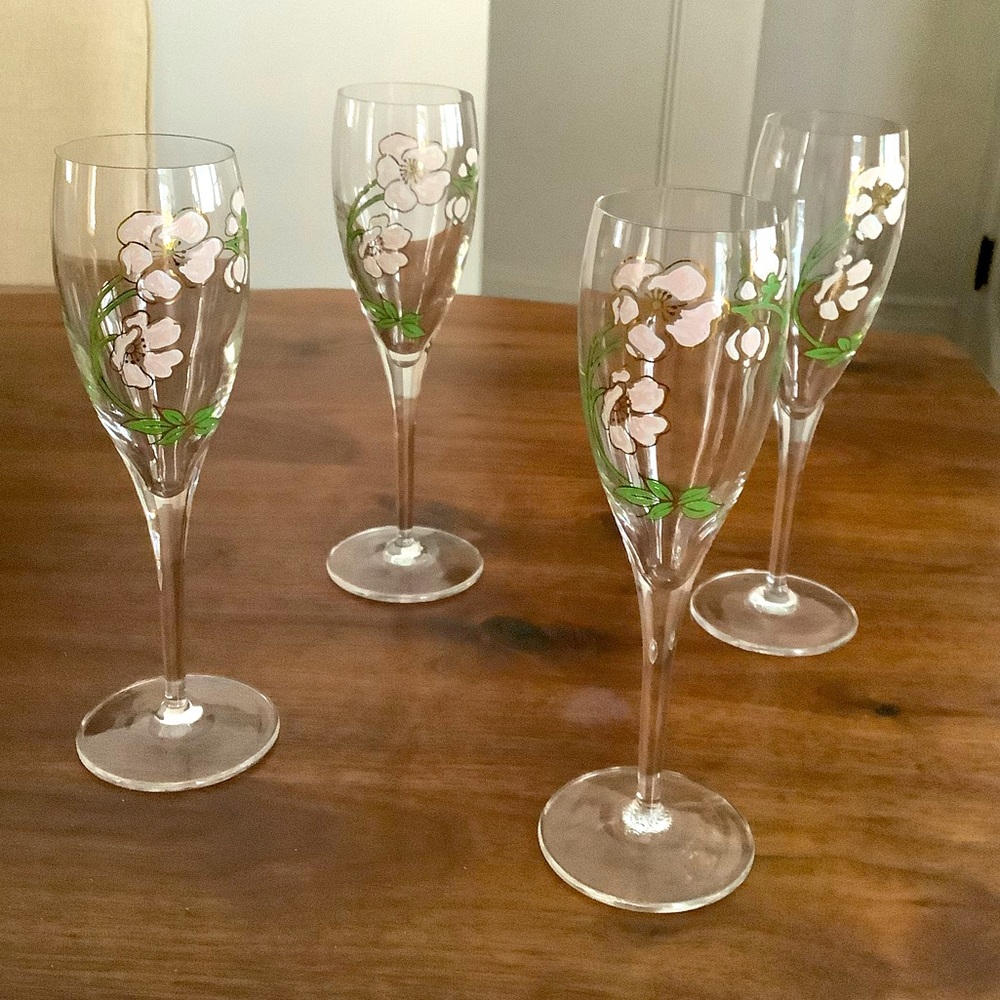 Vintage set of 4 Perrier Joulet flutes Belle Epoque Floral stemware